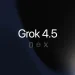 Grok 4.5 card from xAI: the words Grok 4.5 in white over a dark navy and amber gradient, with small phone, globe and X icons underneath