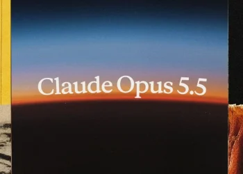 Anthropic announcement image for Claude Opus 5.5: a blue to orange sunrise gradient over a dark horizon with the title Claude Opus 5.5 in white serif type, framed by cropped collage panels including a yellow sketched page and an orange textured close-up
