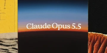 Anthropic announcement image for Claude Opus 5.5: a blue to orange sunrise gradient over a dark horizon with the title Claude Opus 5.5 in white serif type, framed by cropped collage panels including a yellow sketched page and an orange textured close-up