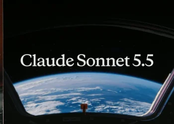 Anthropic announcement image for Claude Sonnet 5.5: the curve of Earth seen through a spacecraft window, with the title Claude Sonnet 5.5 in white serif type, framed by cropped collage panels on both sides