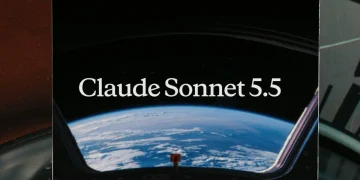 Anthropic announcement image for Claude Sonnet 5.5: the curve of Earth seen through a spacecraft window, with the title Claude Sonnet 5.5 in white serif type, framed by cropped collage panels on both sides