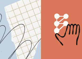 Collage illustration with torn square-ruled paper and black pencil loops on pale blue, next to an orange panel with a hand-drawn hand touching a cluster of connected nodes