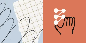 Collage illustration with torn square-ruled paper and black pencil loops on pale blue, next to an orange panel with a hand-drawn hand touching a cluster of connected nodes