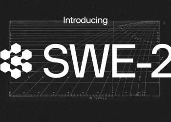 Cognition announcement cover reading Introducing SWE-2 in large white type, next to the Cognition hexagon logo, over a faint vintage chart of curved scale lines on a dark grainy background