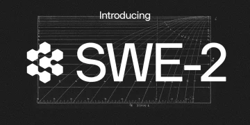 Cognition announcement cover reading Introducing SWE-2 in large white type, next to the Cognition hexagon logo, over a faint vintage chart of curved scale lines on a dark grainy background