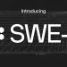 Cognition announcement cover reading Introducing SWE-2 in large white type, next to the Cognition hexagon logo, over a faint vintage chart of curved scale lines on a dark grainy background