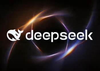 DeepSeek brand banner used on its API news page: the white whale logo and deepseek wordmark on a black background with glowing orange and violet light arcs