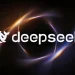 DeepSeek brand banner used on its API news page: the white whale logo and deepseek wordmark on a black background with glowing orange and violet light arcs