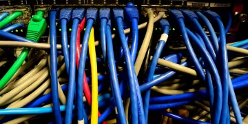 Blue, grey, green, red and yellow Ethernet patch cables plugged into the ports of a rack-mounted network switch