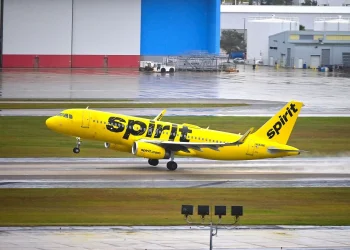 A yellow Spirit Airlines Airbus A320 lifting off from a wet runway at Tampa International Airport