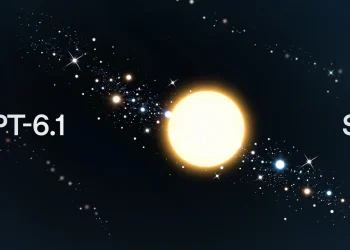 OpenAI announcement graphic for GPT-6.1 Sol: a bright yellow-white star at the center of a band of small stars on a dark blue space background, with the text GPT-6.1 on the left and Sol on the right