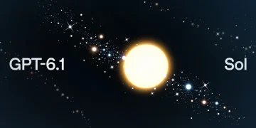 OpenAI announcement graphic for GPT-6.1 Sol: a bright yellow-white star at the center of a band of small stars on a dark blue space background, with the text GPT-6.1 on the left and Sol on the right