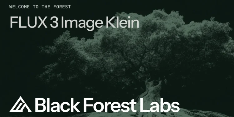 Black Forest Labs announcement image for FLUX 3 Image Klein: the model name and BFL logo in white over a large dark green tree