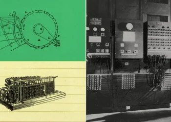 Collage from Anthropic's announcement: engraved drawings of an early mechanical calculator and a gear wheel beside a black and white photo of ENIAC's plugboard panels
