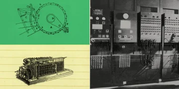 Collage from Anthropic's announcement: engraved drawings of an early mechanical calculator and a gear wheel beside a black and white photo of ENIAC's plugboard panels