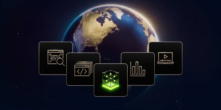 NVIDIA launch visual for Nemotron 3.5 Super VL: five icon tiles for search, code, charts and video in front of the Earth