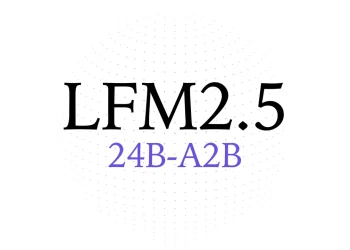 Liquid AI announcement image with LFM2.5 in large black serif type above 24B-A2B in purple, on a white background with a faint dotted sphere
