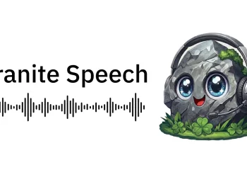 Granite Speech title with an audio waveform and a cartoon granite rock wearing a headset