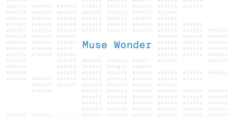 Meta announcement image with Muse Wonder in blue monospace type over a grid of faint repeated WONDER words on a white background
