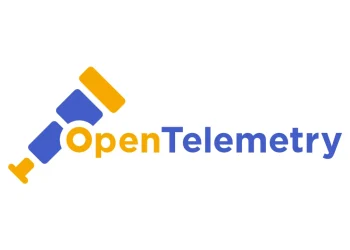 OpenTelemetry logo, an orange and blue telescope next to the word OpenTelemetry, on a white background
