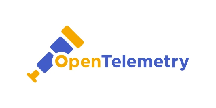 OpenTelemetry logo, an orange and blue telescope next to the word OpenTelemetry, on a white background