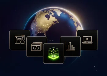 NVIDIA announcement image for Nemotron 3.5 Super VL and Bolt: five dark tiles with code, search, chart and video icons around a glowing green cube, in front of the Earth at night