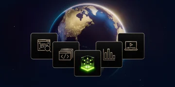 NVIDIA announcement image for Nemotron 3.5 Super VL and Bolt: five dark tiles with code, search, chart and video icons around a glowing green cube, in front of the Earth at night