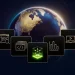 NVIDIA announcement image for Nemotron 3.5 Super VL and Bolt: five dark tiles with code, search, chart and video icons around a glowing green cube, in front of the Earth at night