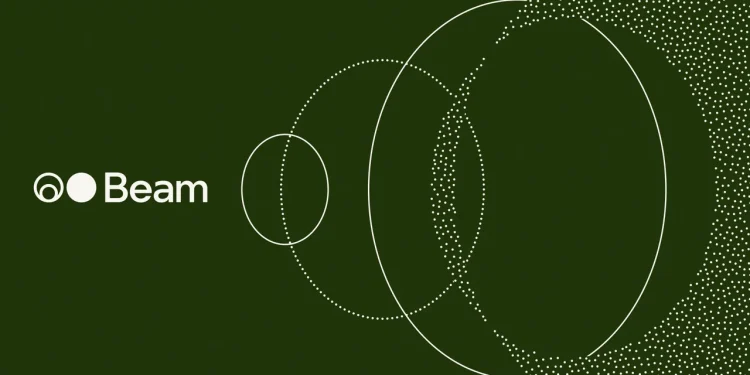 Reflection announcement image for Beam: the Beam logo in white on dark green, beside nested white ellipses that dissolve into dots