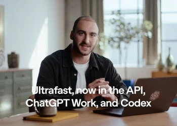 OpenAI's announcement video still for Ultrafast: a presenter at a desk with a laptop and the caption 'Ultrafast, now in the API, ChatGPT Work, and Codex'