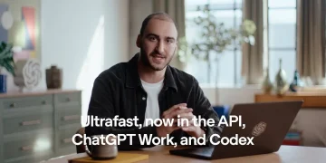 OpenAI's announcement video still for Ultrafast: a presenter at a desk with a laptop and the caption 'Ultrafast, now in the API, ChatGPT Work, and Codex'