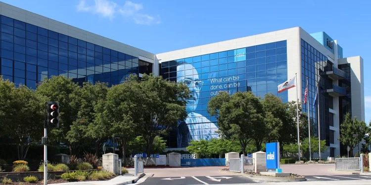 Intel headquarters in Santa Clara, California, a glass office building with the Intel sign at the entrance