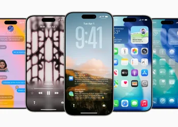 Five iPhones showing iOS 26 screens: Messages, a Lock Screen with music controls, a Lock Screen with notifications and two Home Screens