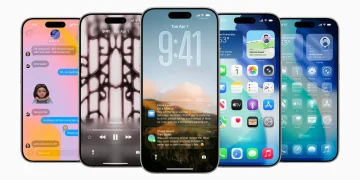 Five iPhones showing iOS 26 screens: Messages, a Lock Screen with music controls, a Lock Screen with notifications and two Home Screens