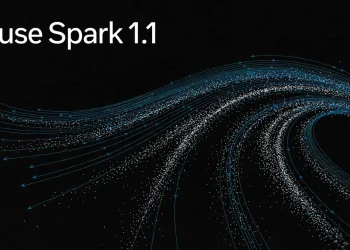 Meta announcement graphic reading Muse Spark 1.1 over blue streamlines and white particles on a black background