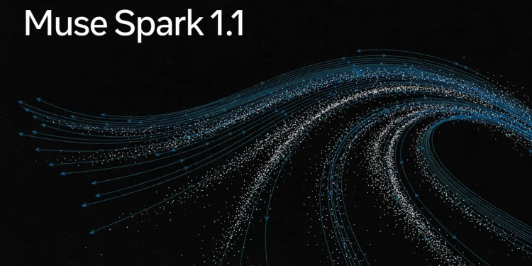 Meta announcement graphic reading Muse Spark 1.1 over blue streamlines and white particles on a black background