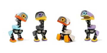 Four Microduck bipedal robots in different color schemes, each with a duck-bill style head and a camera eye, standing in various poses on a white background