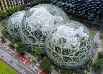 Aerial view of the Amazon Spheres, three glass geodesic domes on the Amazon headquarters campus in Seattle