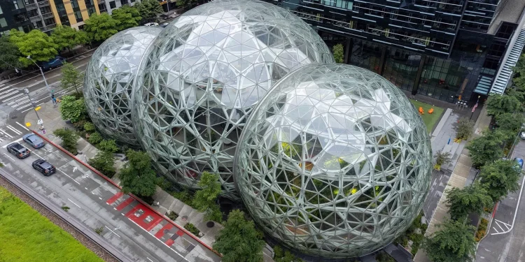 Aerial view of the Amazon Spheres, three glass geodesic domes on the Amazon headquarters campus in Seattle
