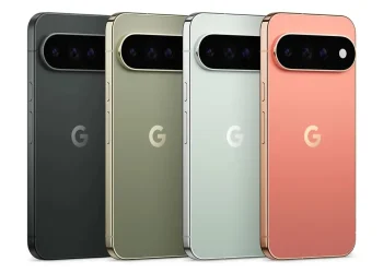 Four Google Pixel 11 Pro XL phones in different colors seen from the back, showing the camera bar and the G logo