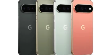 Four Google Pixel 11 Pro XL phones in different colors seen from the back, showing the camera bar and the G logo