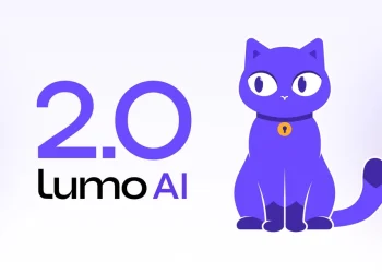 Lumo 2.0 AI cover from Proton: the text 2.0 Lumo AI beside the purple cartoon cat mascot wearing a collar with a keyhole tag, on a white and lilac background