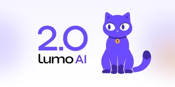 Lumo 2.0 AI cover from Proton: the text 2.0 Lumo AI beside the purple cartoon cat mascot wearing a collar with a keyhole tag, on a white and lilac background