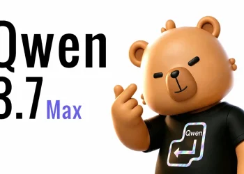 Qwen 3.7 Max launch image: large black text Qwen 3.7 Max beside the 3D Qwen bear mascot in a black Qwen T-shirt, on a white background