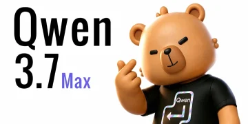 Qwen 3.7 Max launch image: large black text Qwen 3.7 Max beside the 3D Qwen bear mascot in a black Qwen T-shirt, on a white background