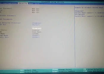 Photo of a laptop screen showing the InsydeH2O UEFI setup utility, Security tab, with the Secure Boot option set to Enabled and its help text on the right
