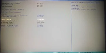 Photo of a laptop screen showing the InsydeH2O UEFI setup utility, Security tab, with the Secure Boot option set to Enabled and its help text on the right