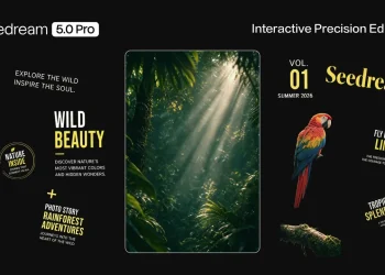 Seedream 5.0 Pro editing demo from the announcement: a magazine cover split into separate layers, with a rainforest background panel, a cut-out parrot, a branch and individual text blocks spread out on black