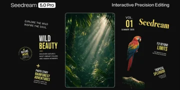 Seedream 5.0 Pro editing demo from the announcement: a magazine cover split into separate layers, with a rainforest background panel, a cut-out parrot, a branch and individual text blocks spread out on black