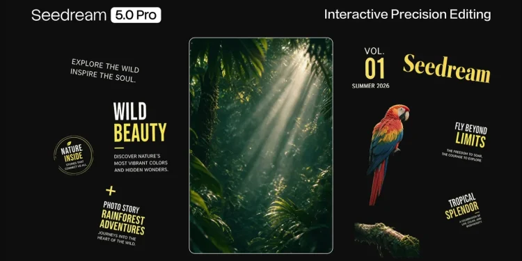 Seedream 5.0 Pro editing demo from the announcement: a magazine cover split into separate layers, with a rainforest background panel, a cut-out parrot, a branch and individual text blocks spread out on black